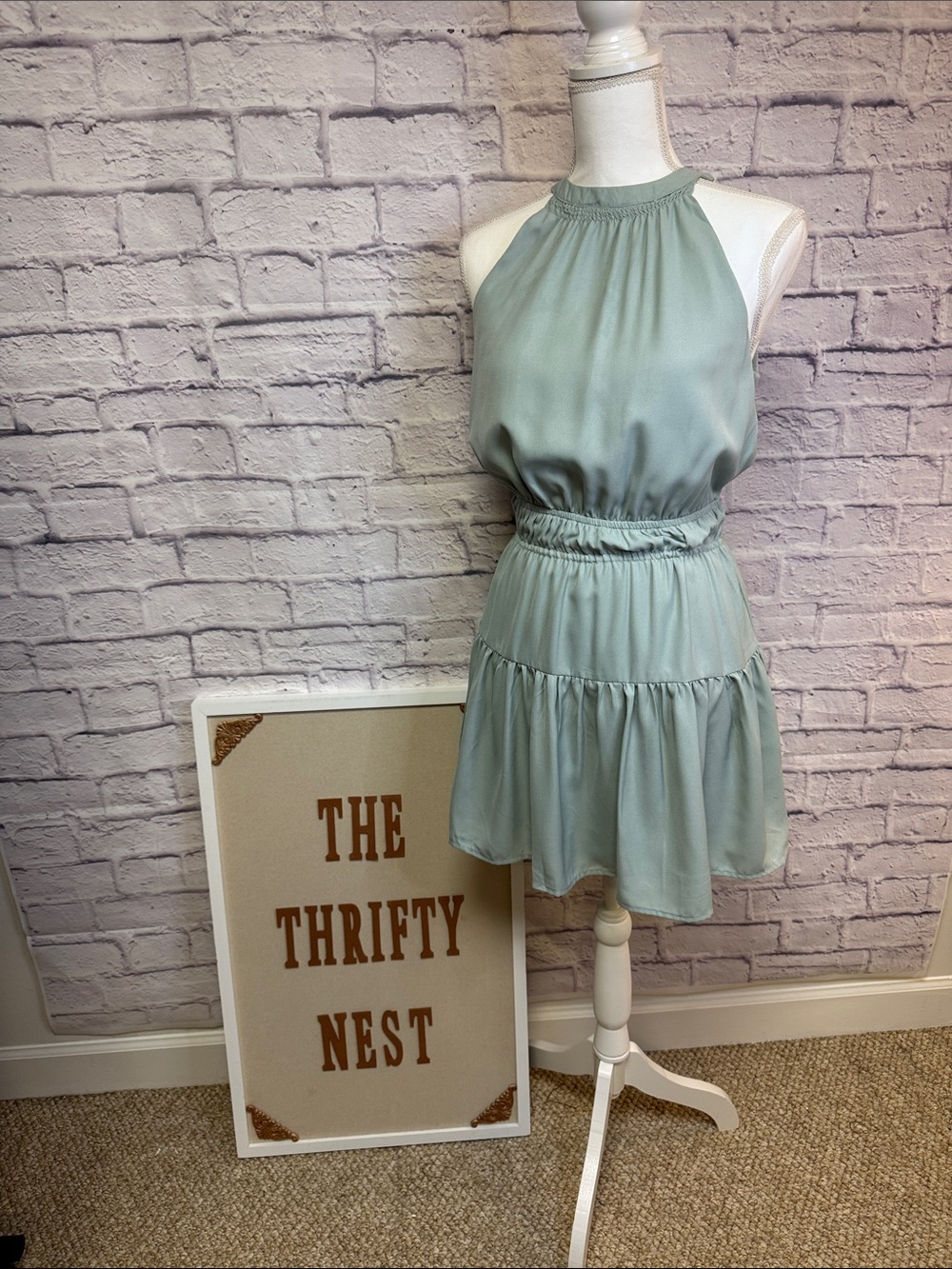 Japna Sage Green Halter Tiered Mini Dress
